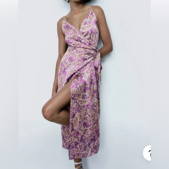 Zara Women’s Satin Effect Lavender Paisley Bow Tie Wrap Midi Dress - Size S - Picture 3 of 15